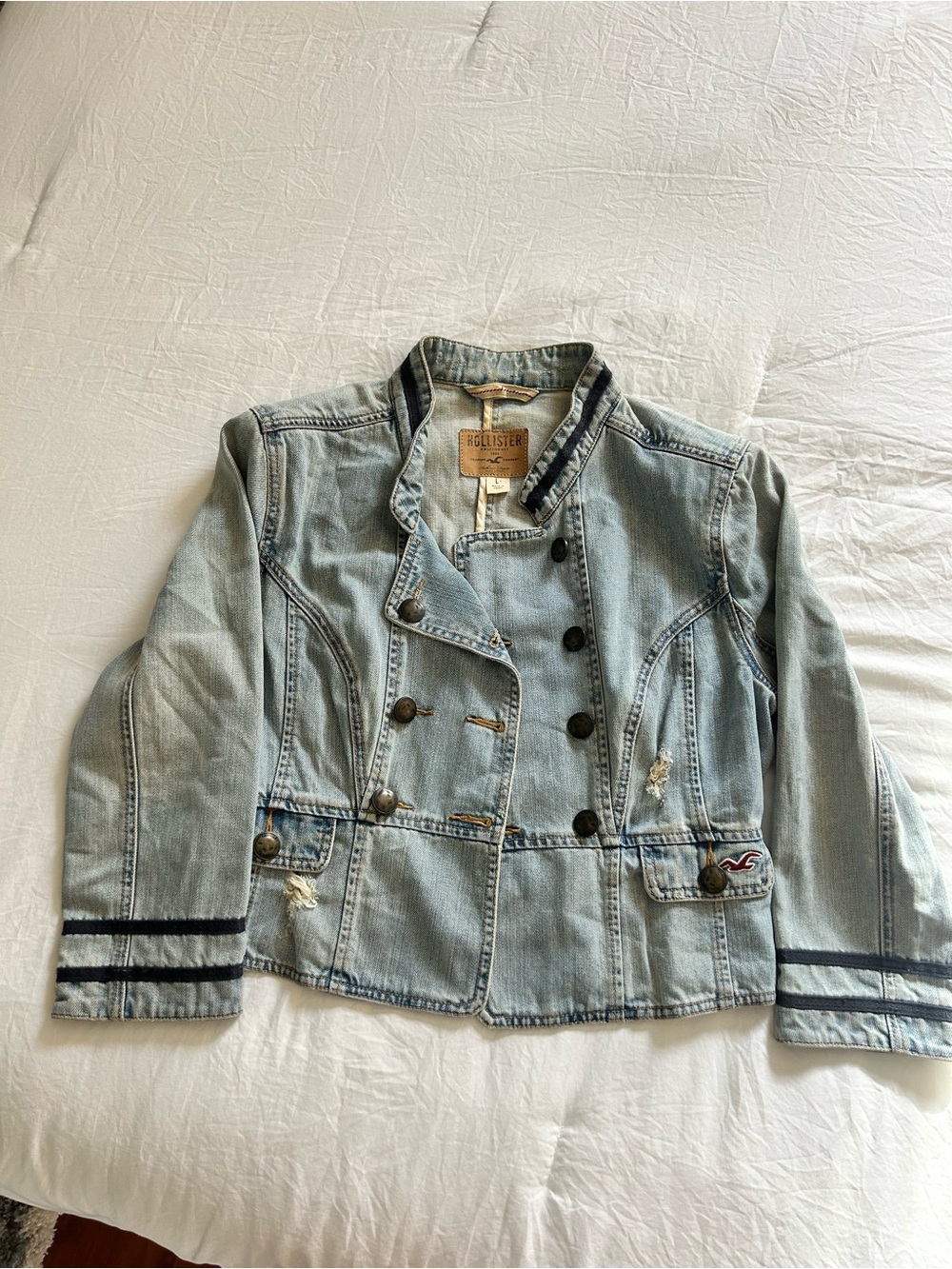 Hollister Faded Light Blue Girls' Denim Jacket with Striped Cuffs